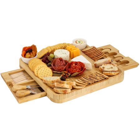 MegaChef Bamboo Charcuterie Cheese Board Set with Ramekins and Slide Out Cutlery Drawer