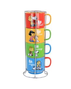 Gibson Peanuts Classic Gentle Reminders Collection 4 Piece Stoneware Stackable Mug Set with Metal Stand in Assorted Colors
