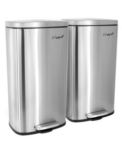 Elama 2 piece 8 Gallon Each 30 Liter Rectangular Stainless Steel Twin Step Trash Bins with Slow Close Mechanism in Matte Silver