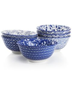 Elama Moxy 6 Piece Assorted Design 20oz Porcelain Footed Bowl Set in Blue