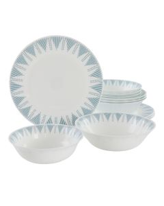 Ultra by Gibson Piper Point 12 Piece Opal Glass Dinnerware Set in White With Blue Accents