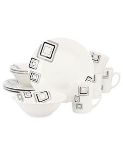 Gibson Home Black Squares 12 Piece Round Fine Ceramic Dinnerware Set in White